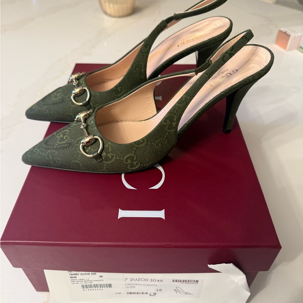 GUCCI SLINGBACK PUMP HORSEBIT GREEN CANVAS 38 - Picture 6 of 15